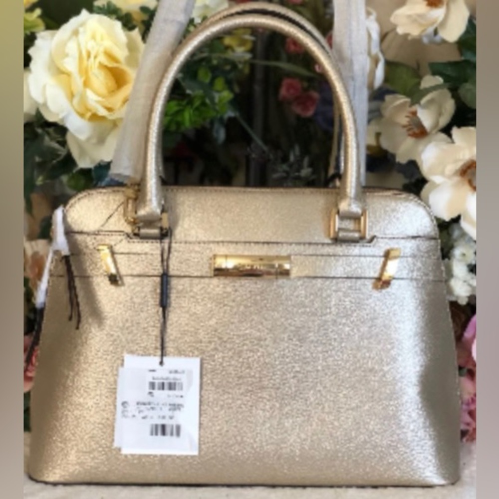 Calvin Klein Brooke Leather Dome Satchel in Metallic Pale Gold-NWT $228
